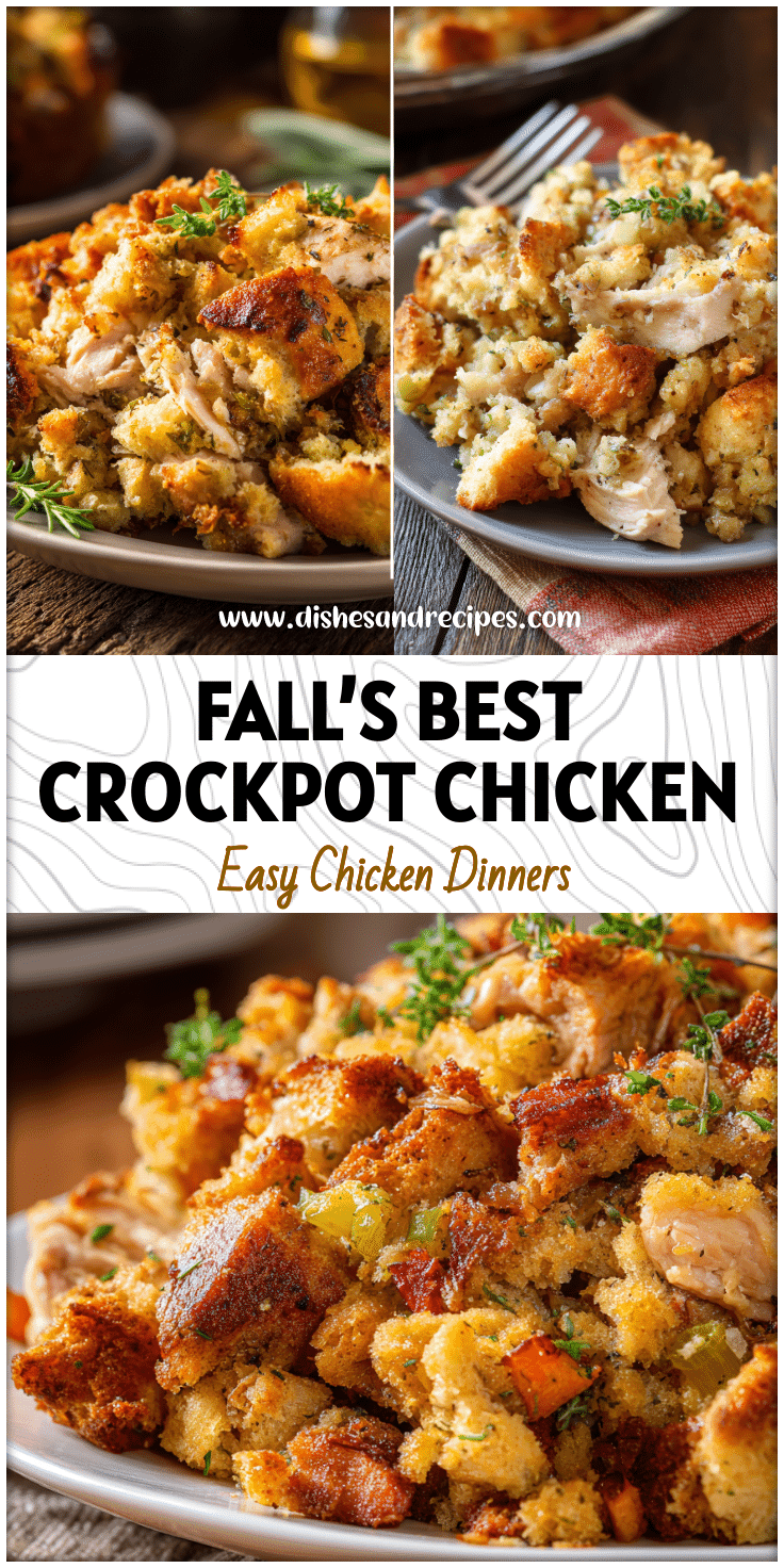Warm plate of tender chicken and stuffing from a Fall Crock Pot Recipes Dinner served on a rustic table.